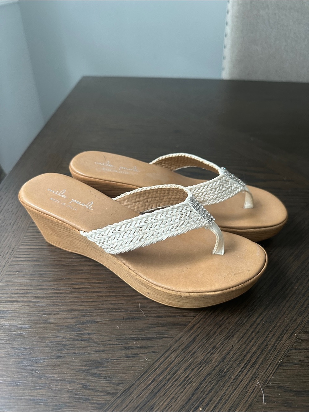 Mila Paoli Cream Braided Wedge Thong Sandals with Metallic Accent